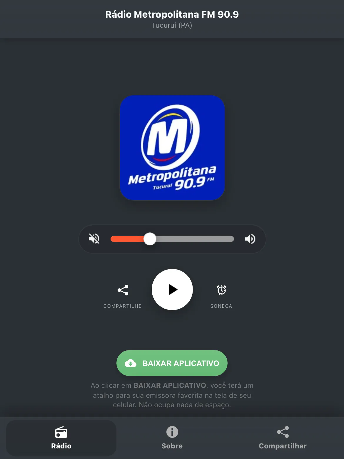 Screenshot do aplicativo da Rádio Metropolitana FM 90.9