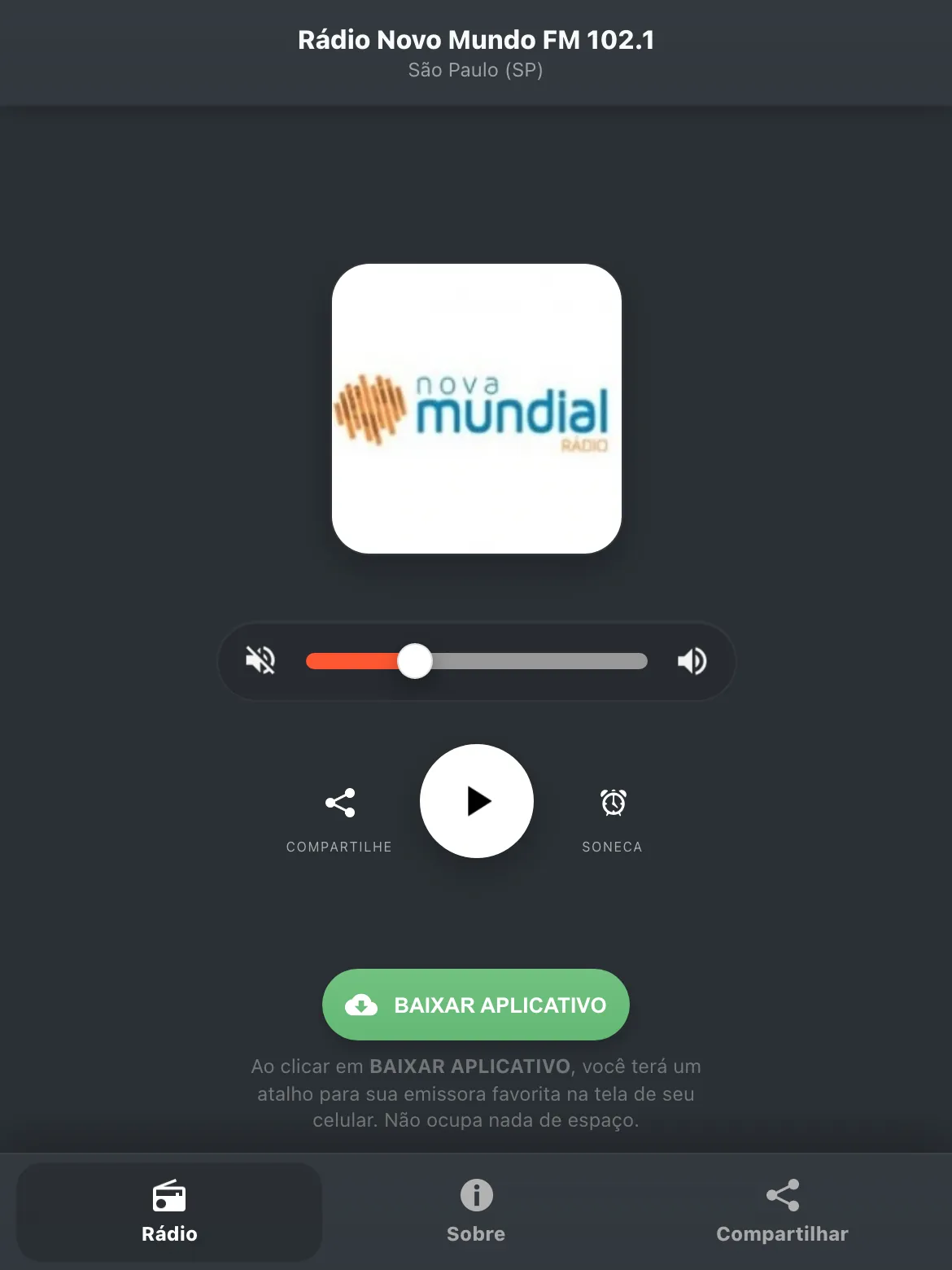 Screenshot do aplicativo da Rádio Novo Mundo FM 102.1