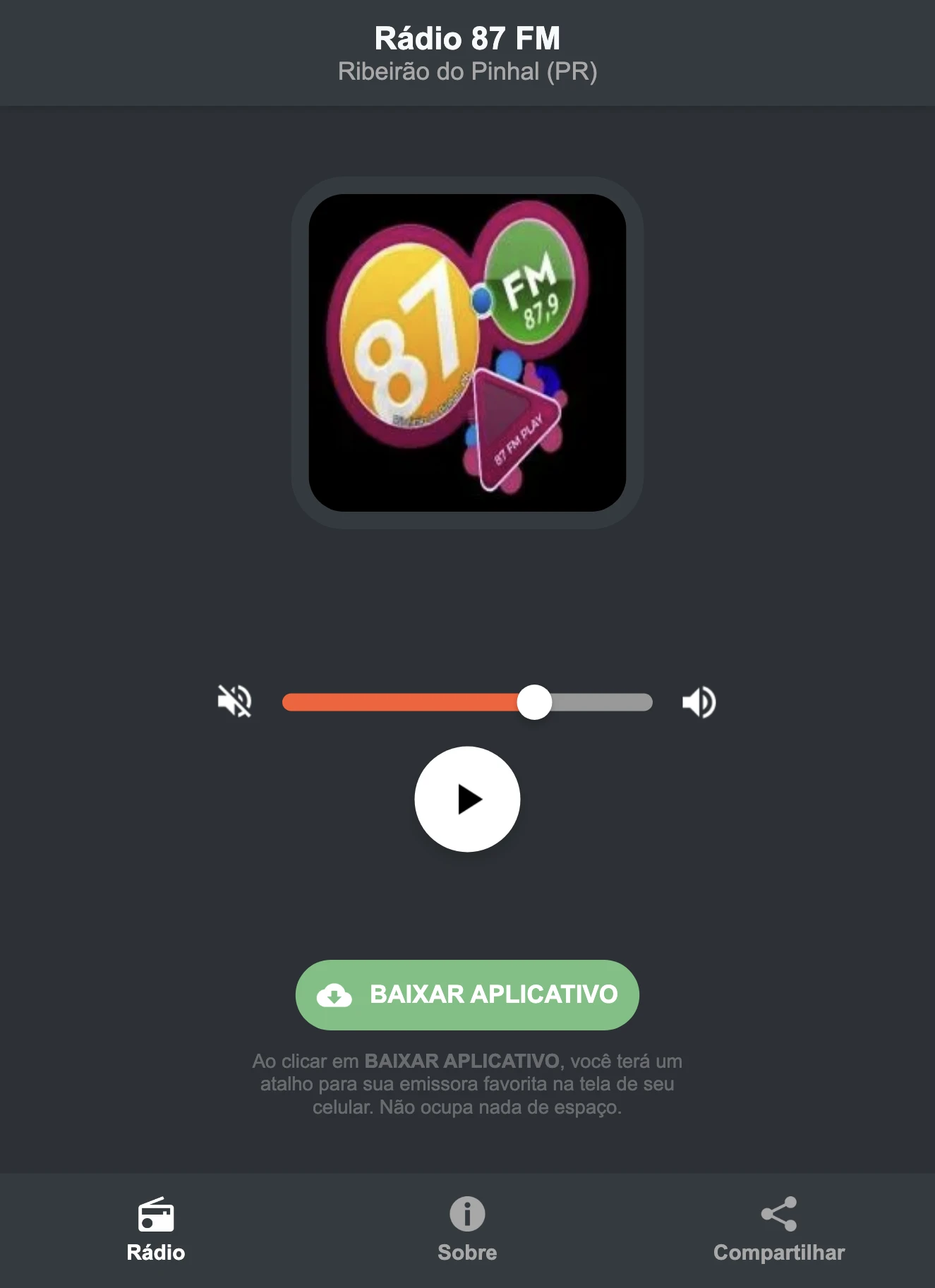Screenshot do aplicativo da Rádio 87 FM
