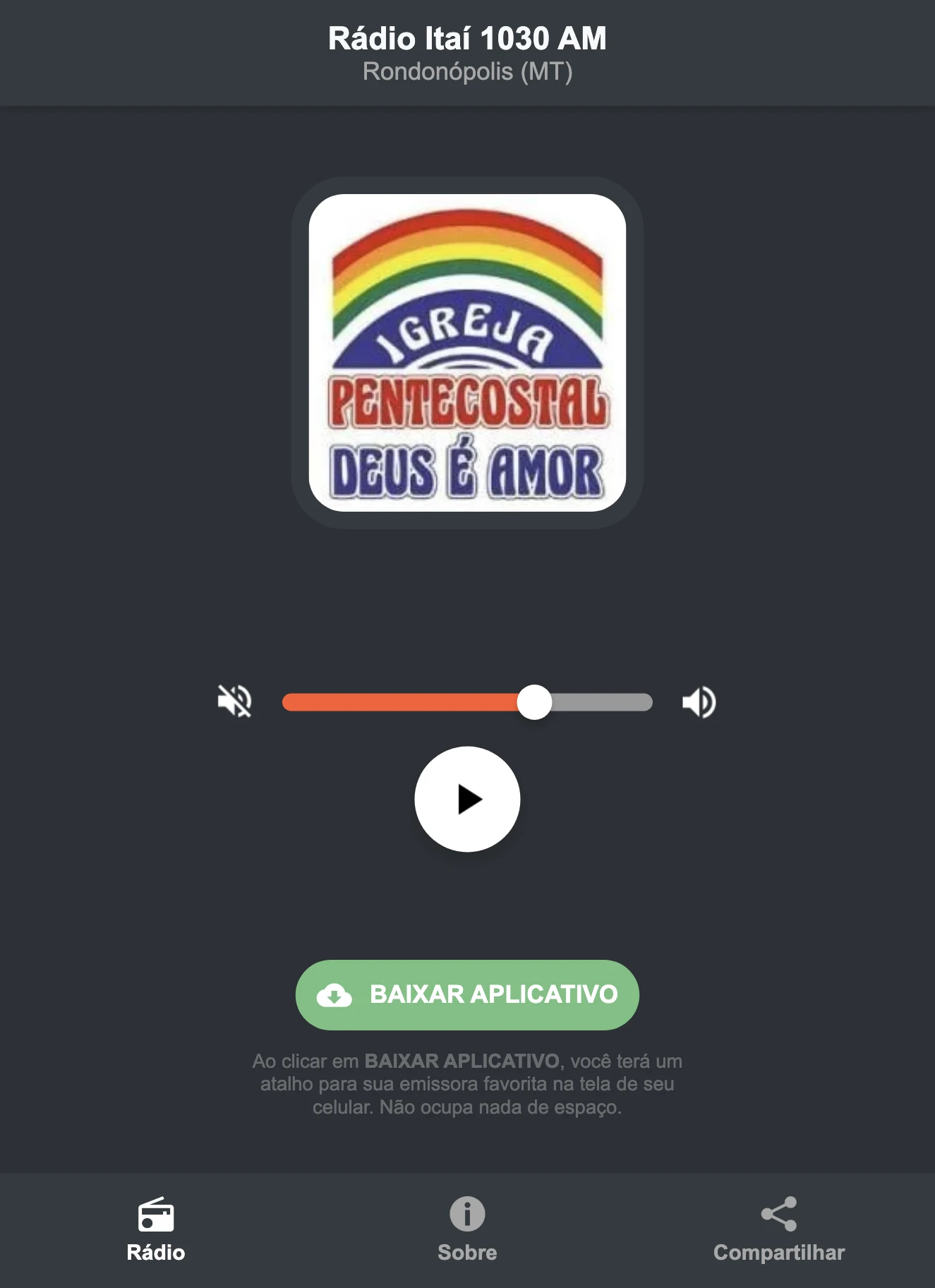 Screenshot do aplicativo da Rádio Itaí 1030 AM