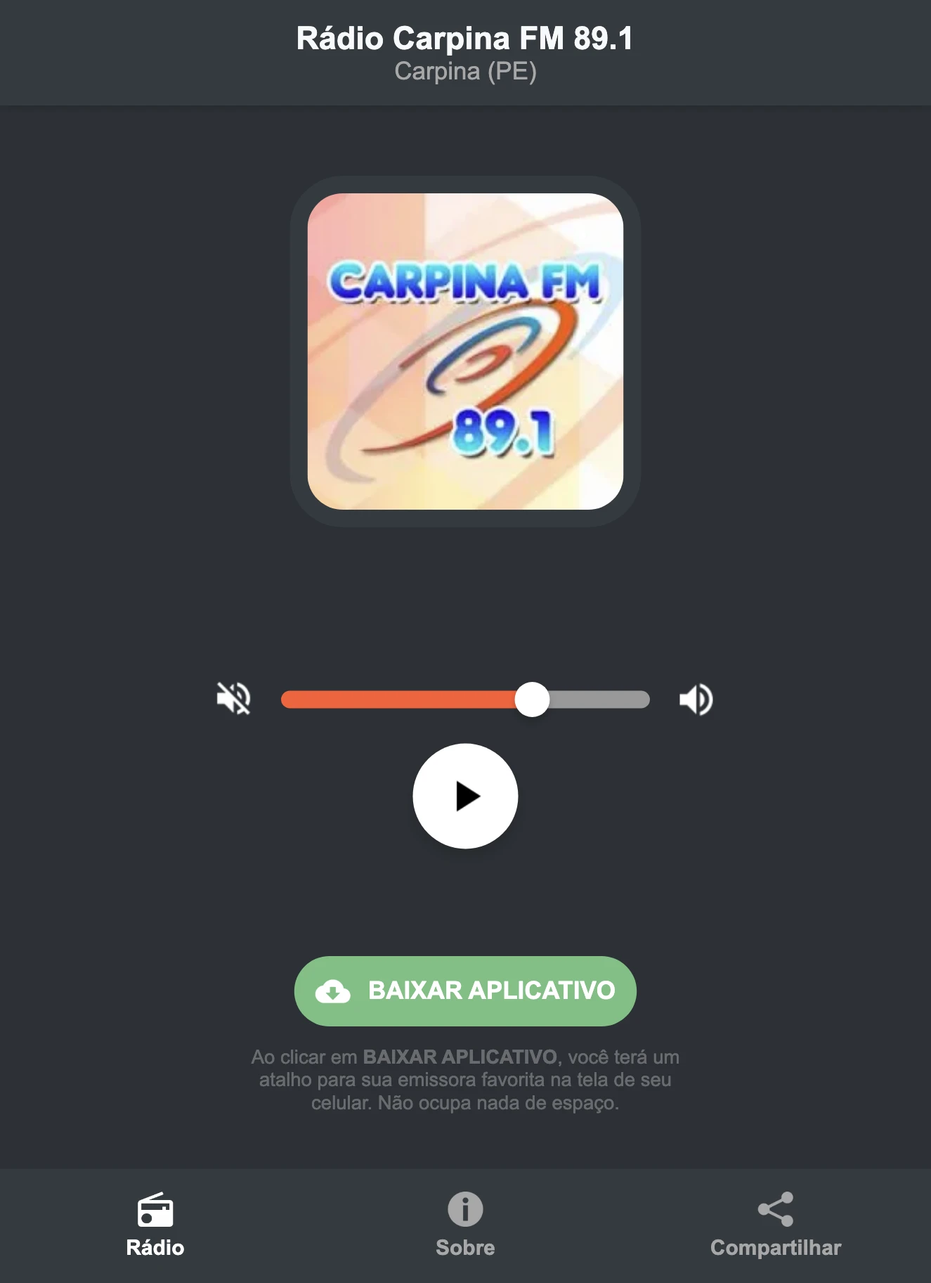 Screenshot do aplicativo da Rádio Carpina FM 89.1