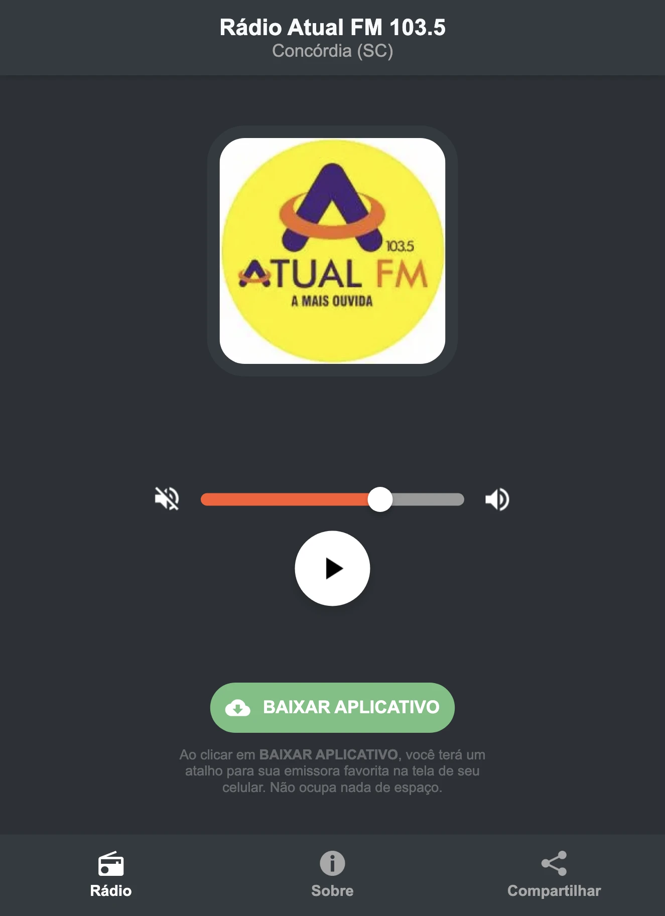Screenshot do aplicativo da Rádio Atual FM 103.5