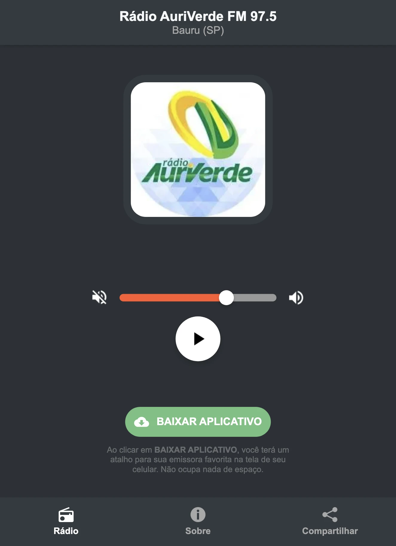 Screenshot do aplicativo da Rádio AuriVerde FM 97.5