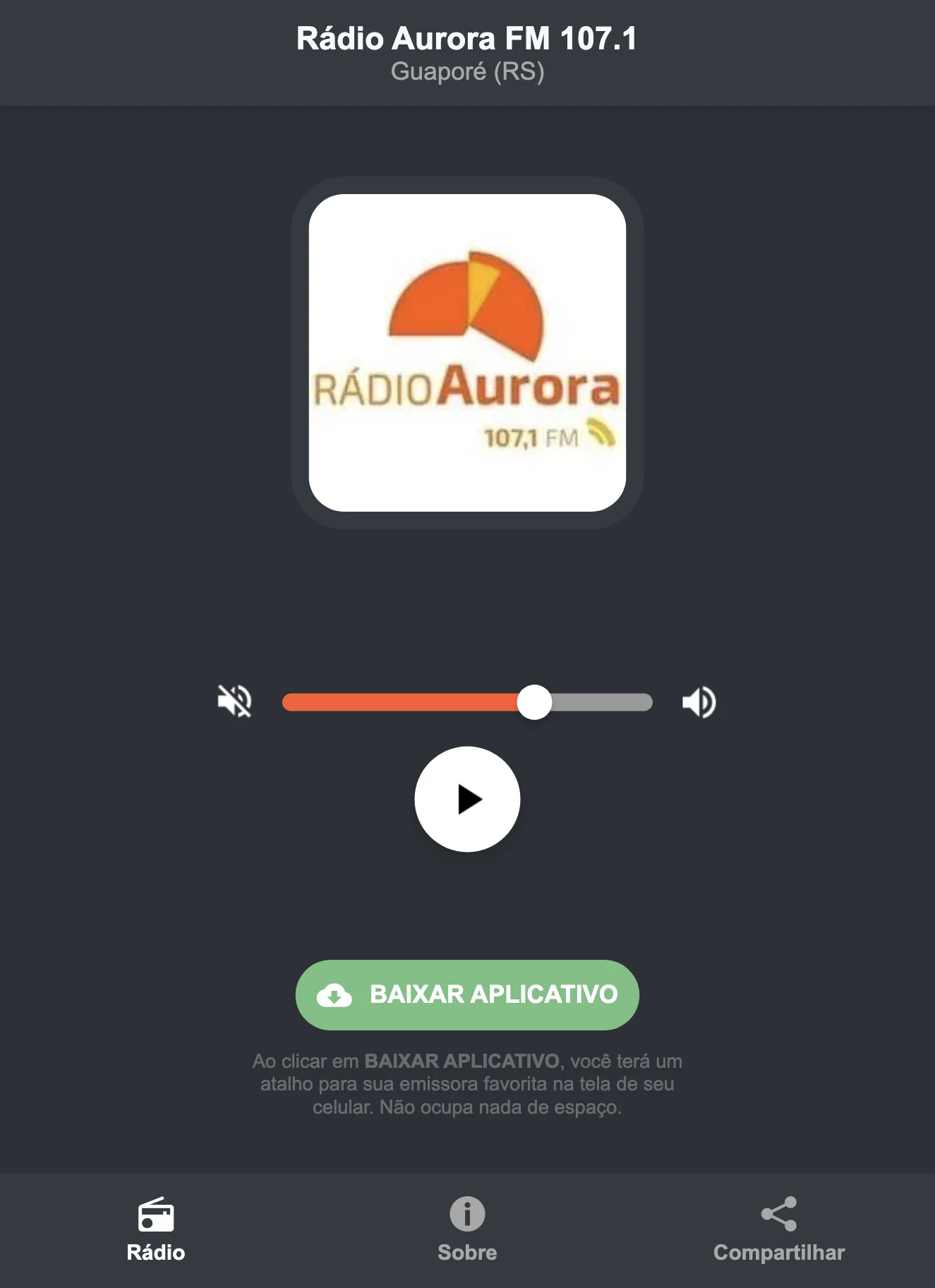 Screenshot do aplicativo da Rádio Aurora FM 107.1