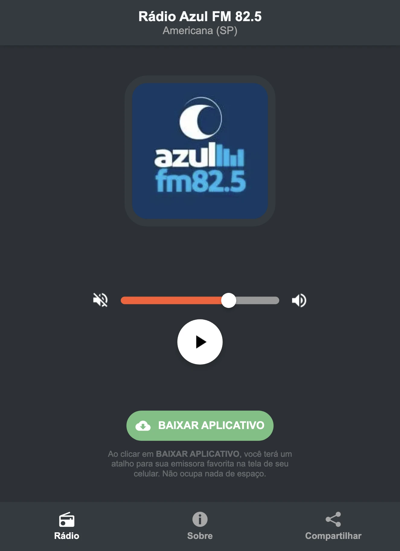 Screenshot do aplicativo da Rádio Azul FM 82.5