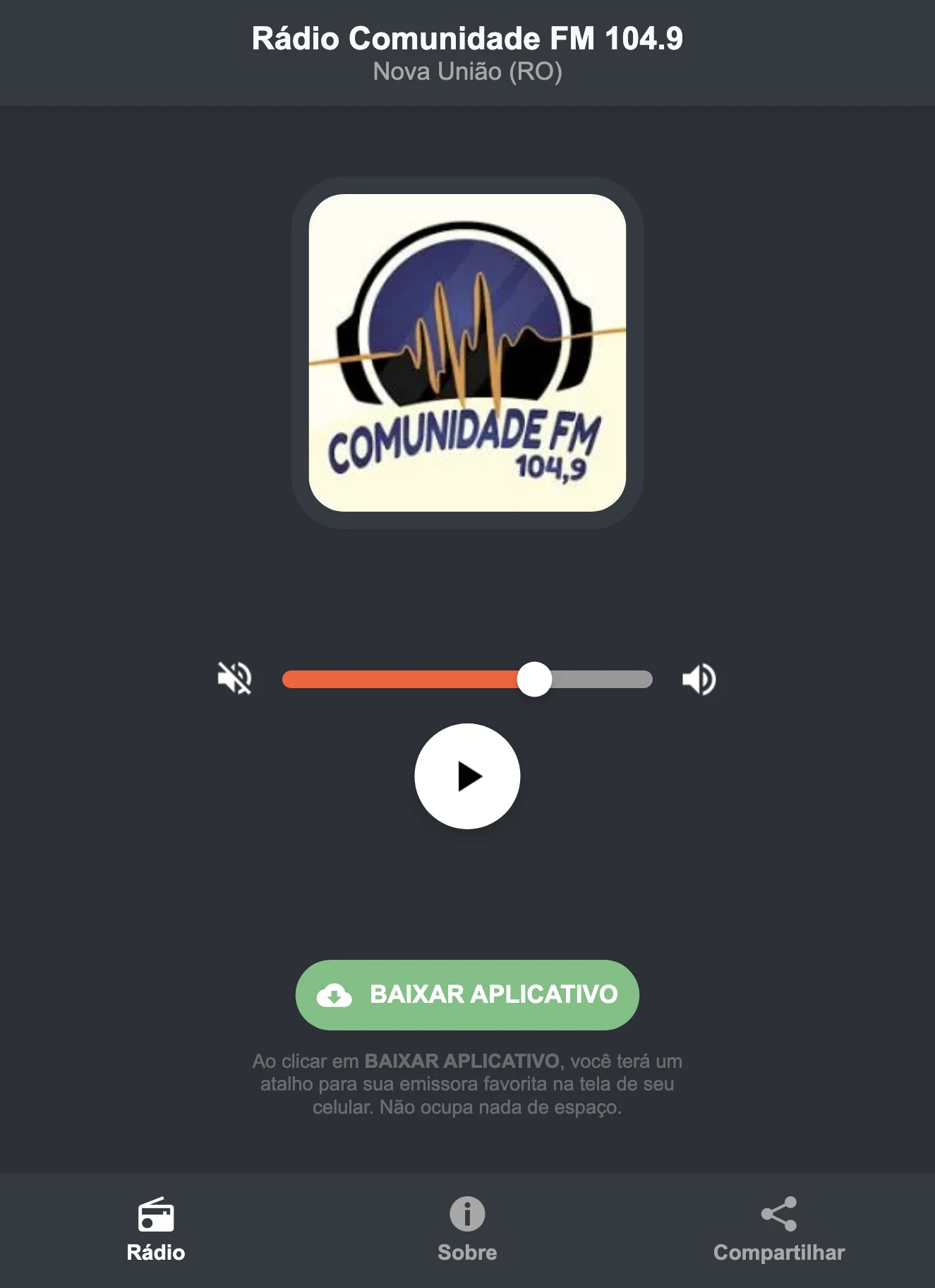 Screenshot do aplicativo da Rádio Comunidade FM 104.9