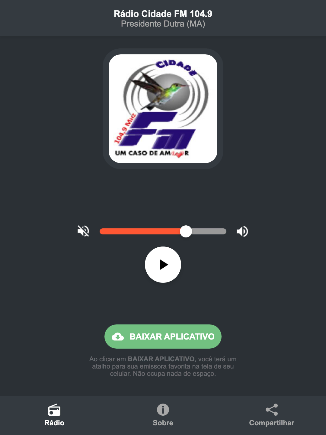 Screenshot do aplicativo da Rádio Cidade FM 104.9