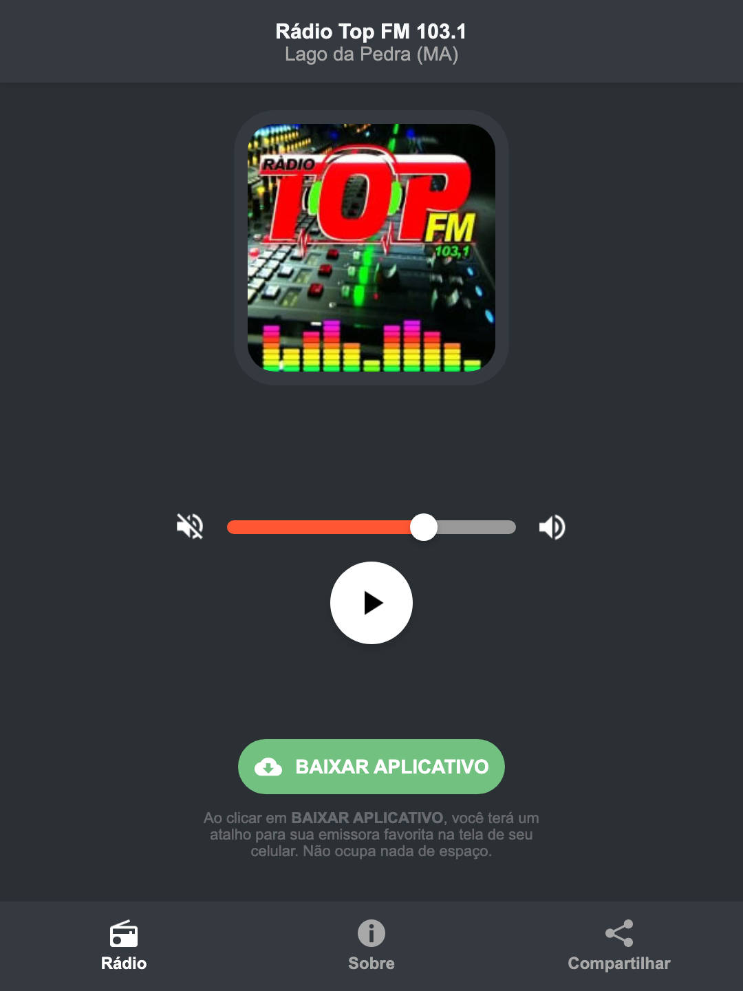 Screenshot do aplicativo da Rádio Top FM 103.1
