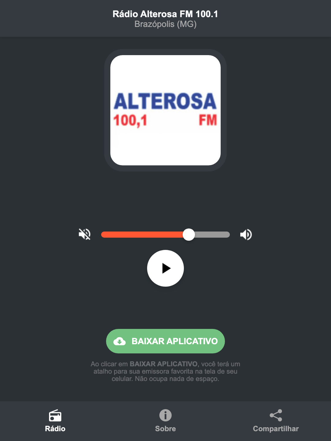 Screenshot do aplicativo da Rádio Alterosa FM 100.1