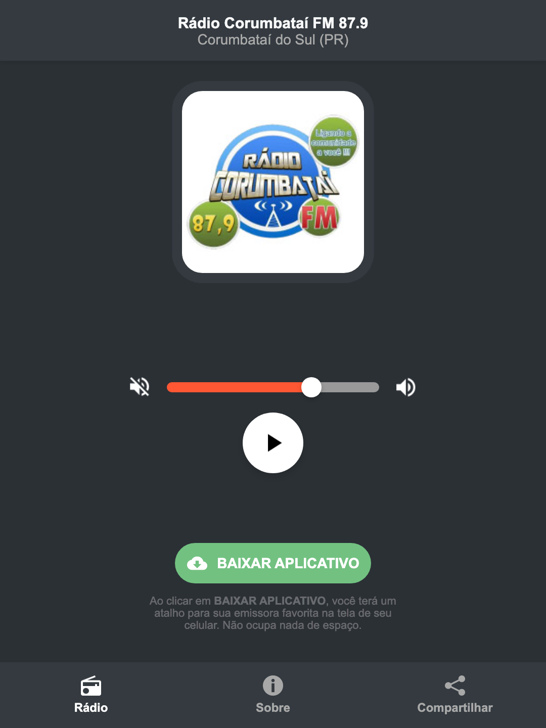 Screenshot do aplicativo da Rádio Corumbataí FM 87.9