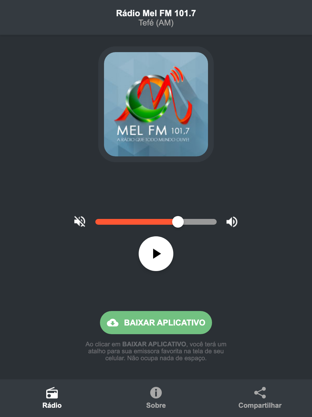 Screenshot do aplicativo da Rádio Mel FM 101.7