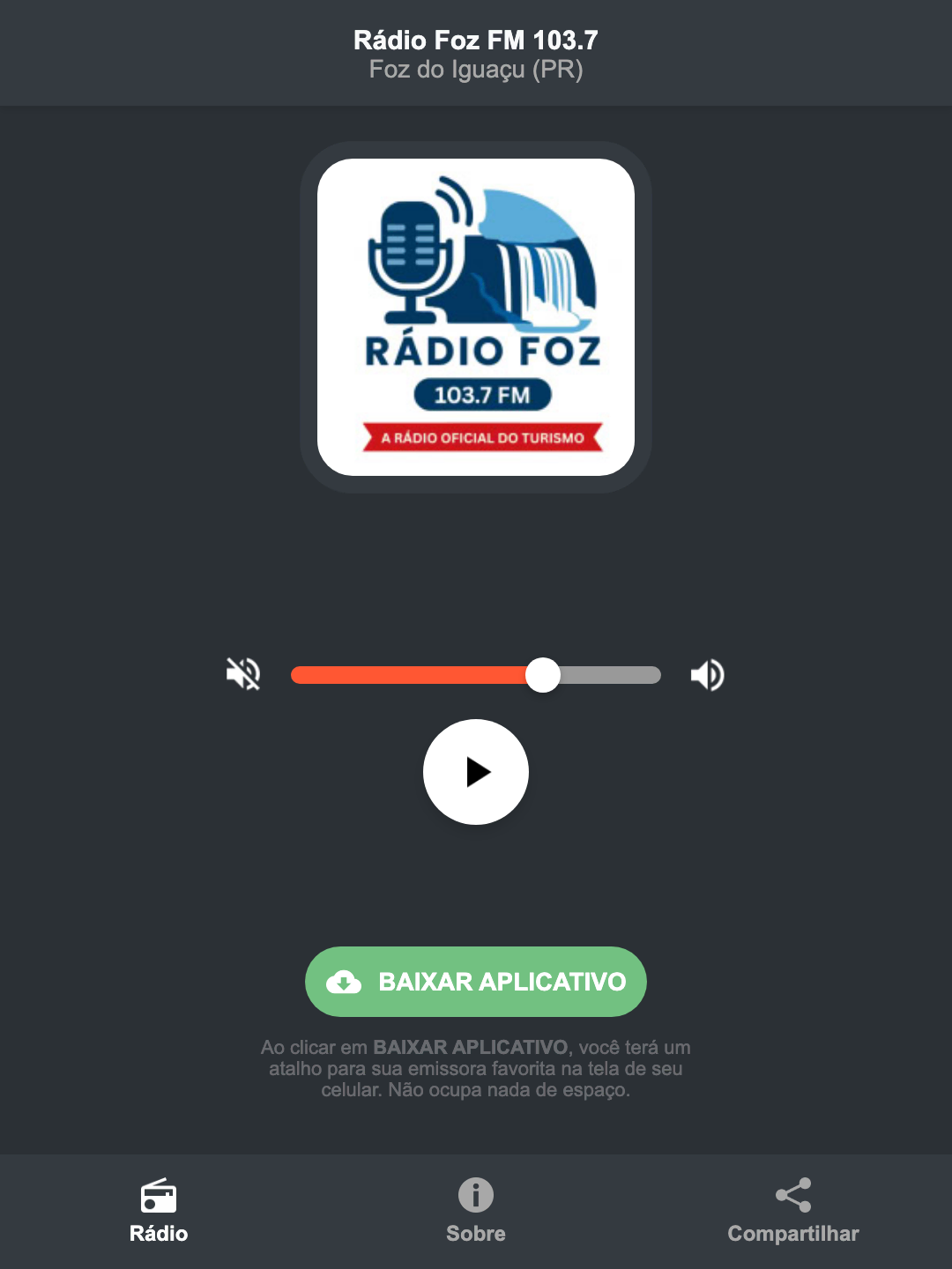 Screenshot do aplicativo da Rádio Foz FM 103.7