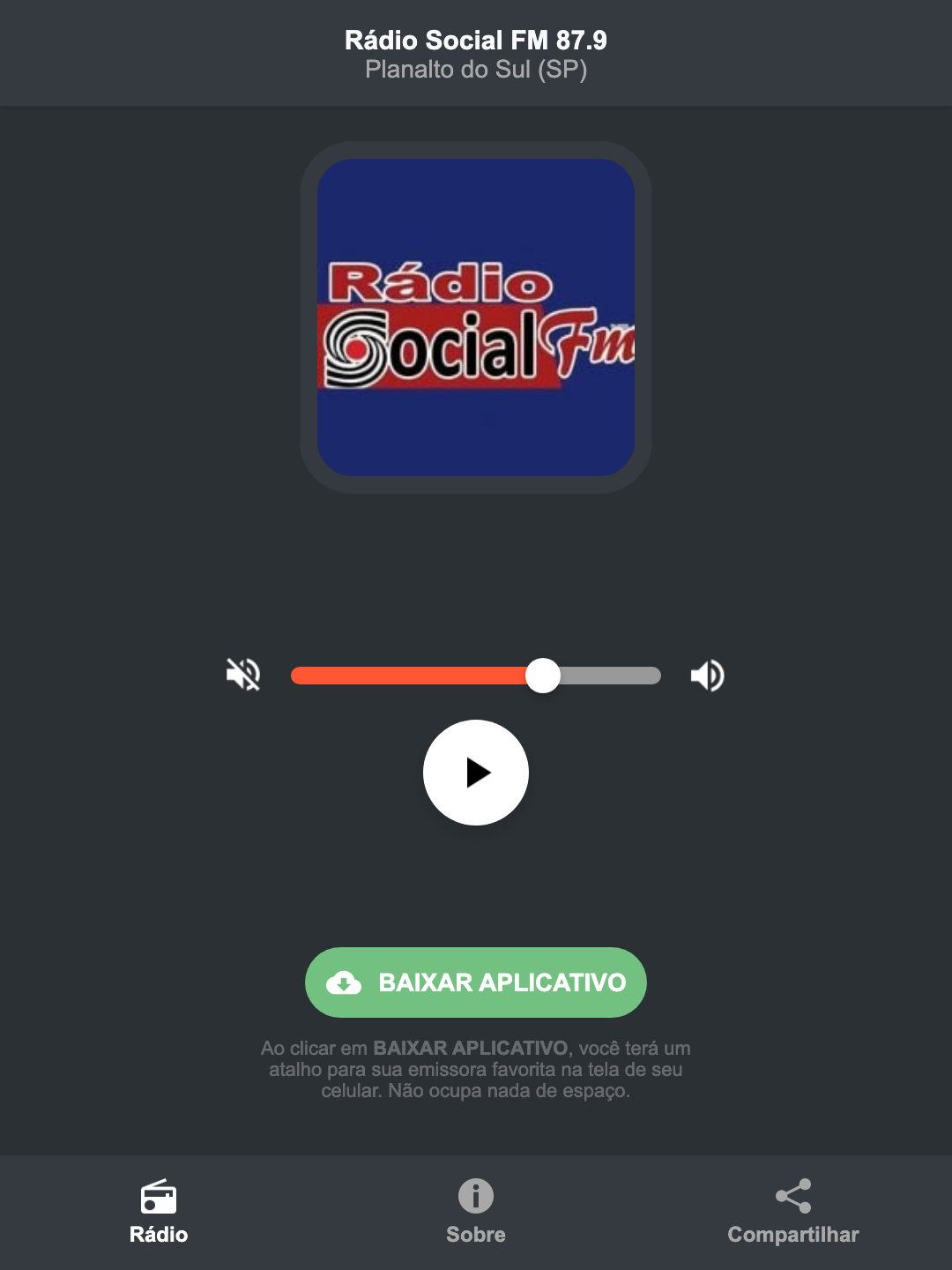 Screenshot do aplicativo da Rádio Social FM 87.9