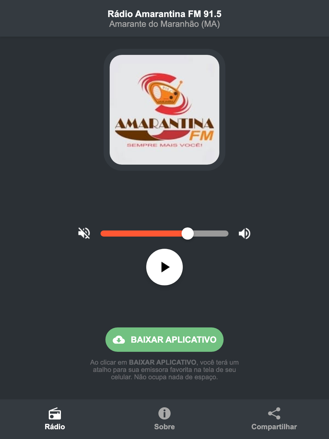 Screenshot do aplicativo da Rádio Amarantina FM 91.5