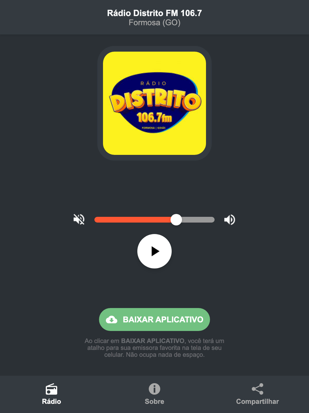 Screenshot do aplicativo da Rádio Distrito FM 106.7