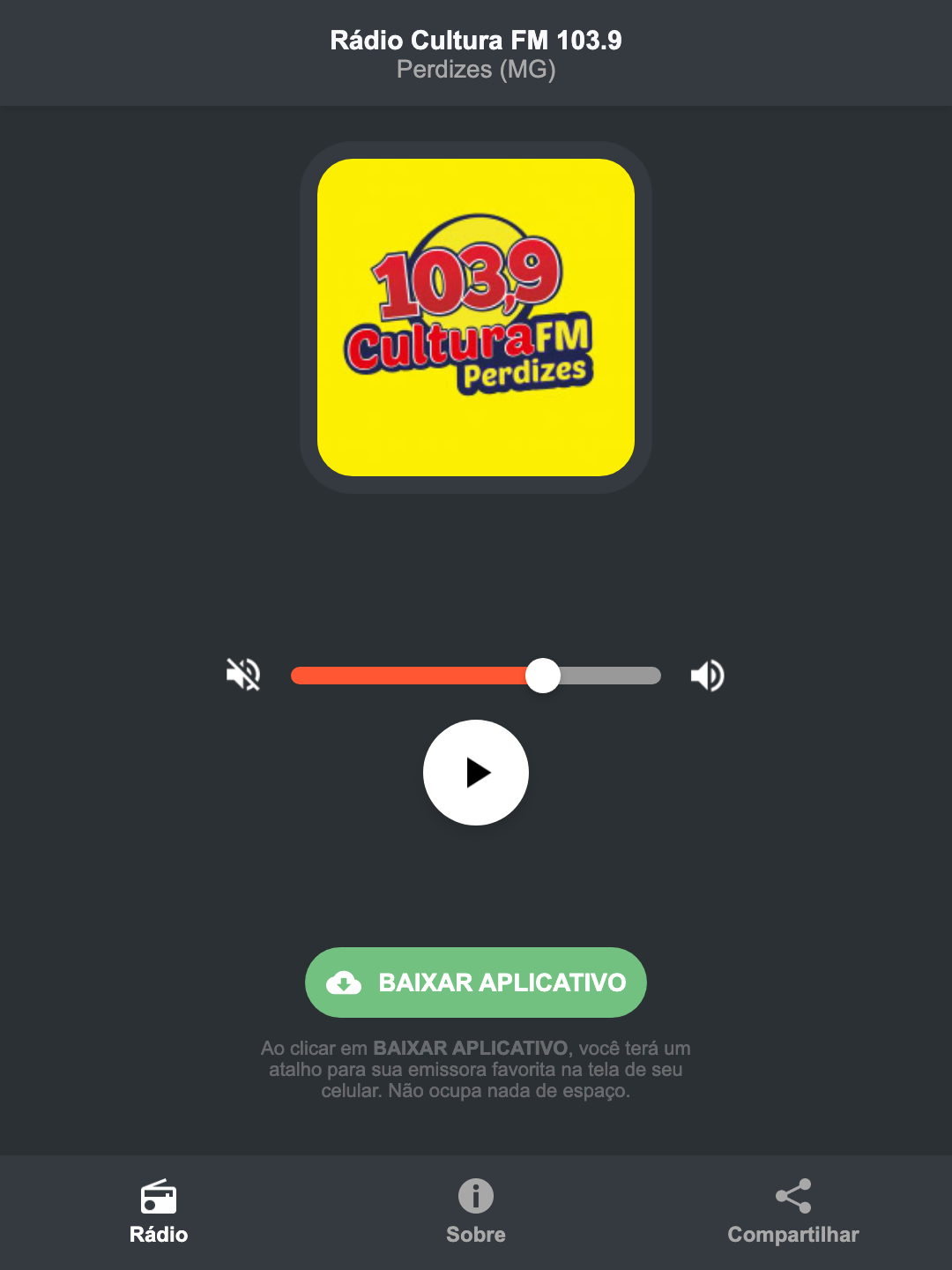 Screenshot do aplicativo da Rádio Cultura FM 103.9