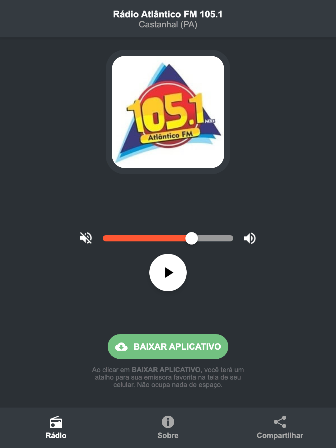 Screenshot do aplicativo da Rádio Atlântico FM 105.1
