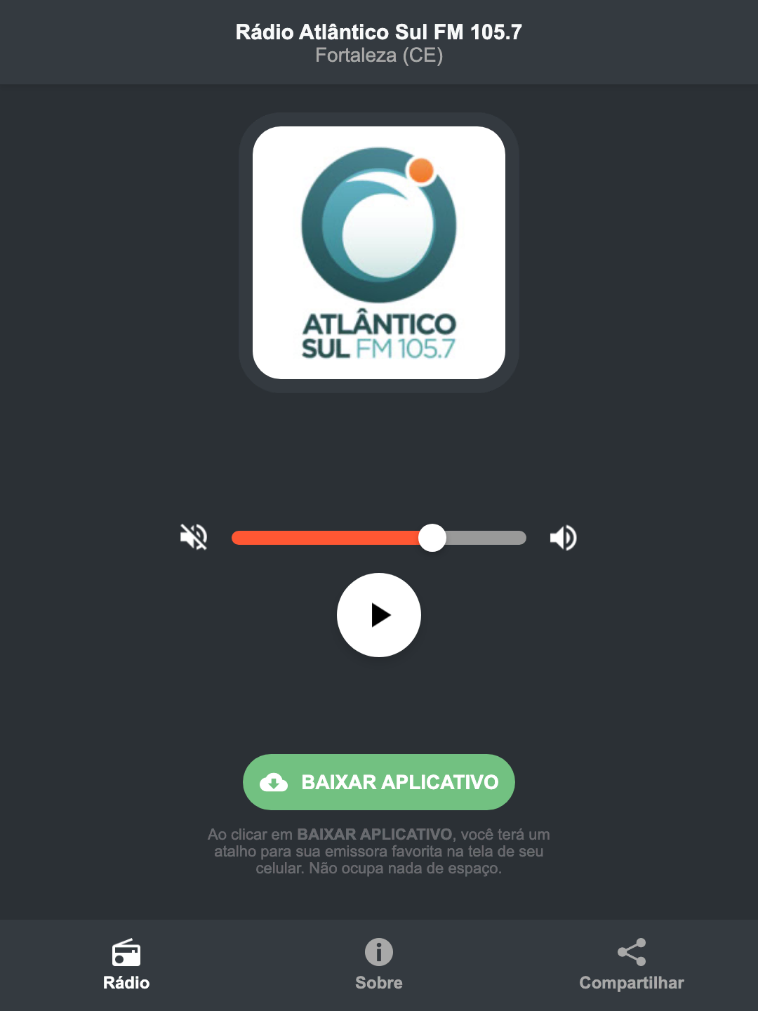 Screenshot do aplicativo da Rádio Atlântico Sul FM 105.7