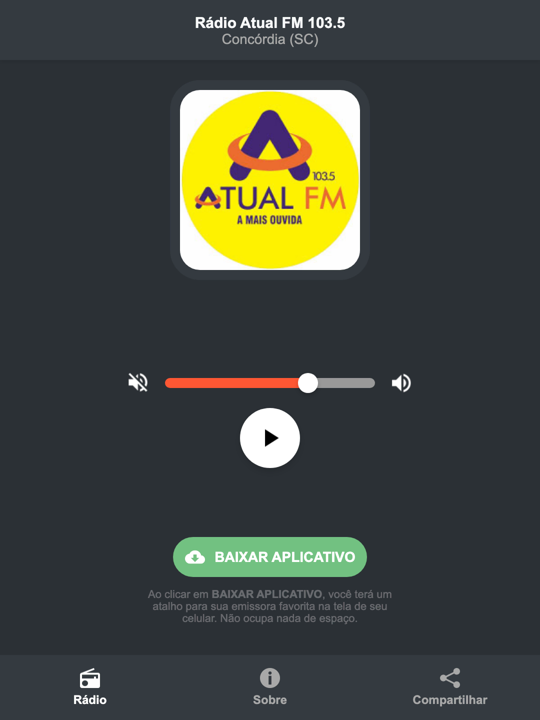 Screenshot do aplicativo da Rádio Atual FM 103.5