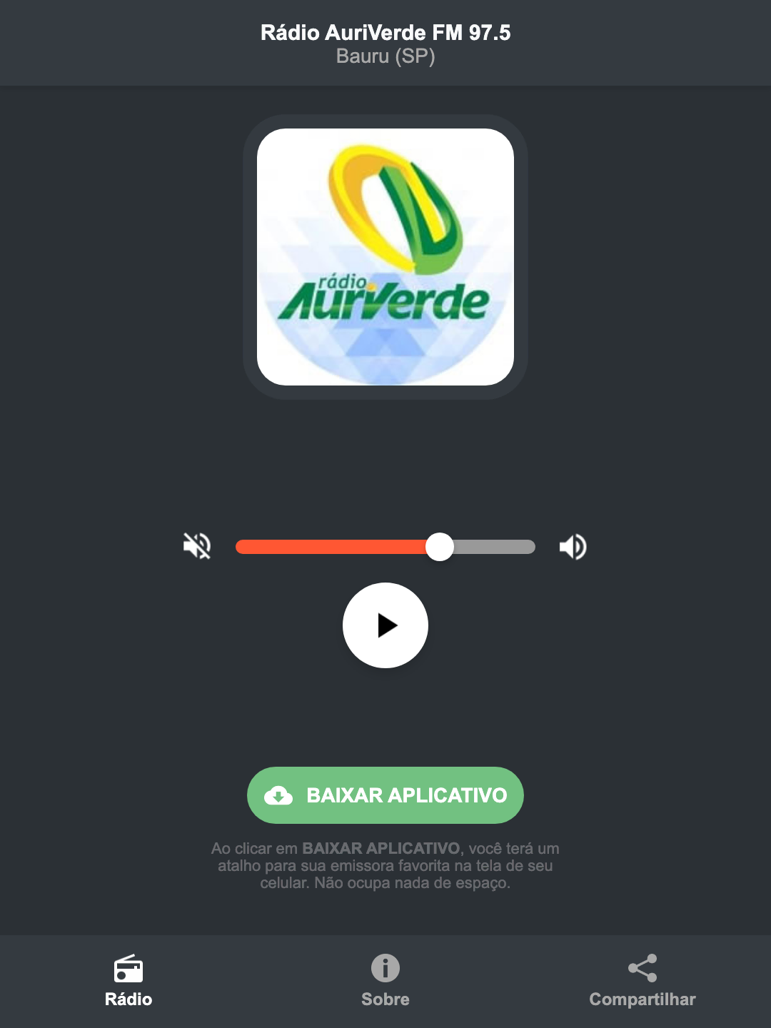 Screenshot do aplicativo da Rádio AuriVerde FM 97.5