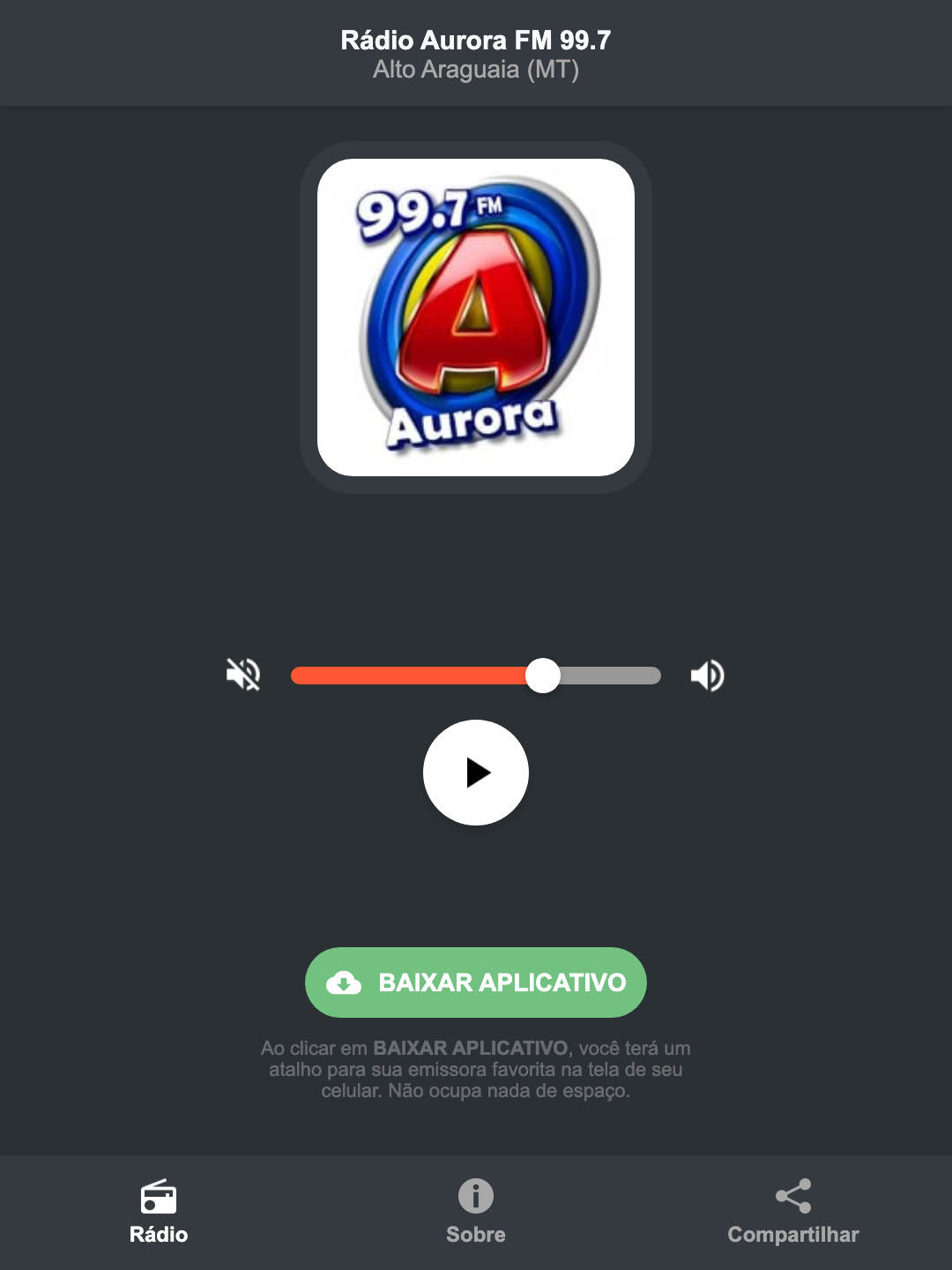 Screenshot do aplicativo da Rádio Aurora FM 99.7