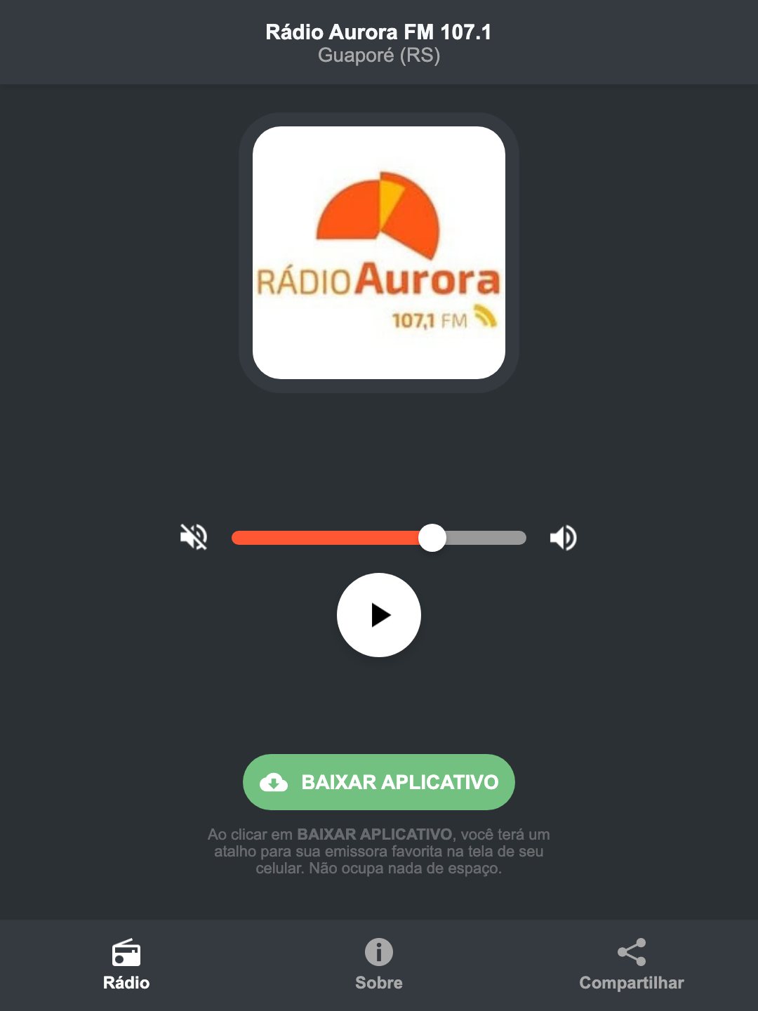 Screenshot do aplicativo da Rádio Aurora FM 107.1