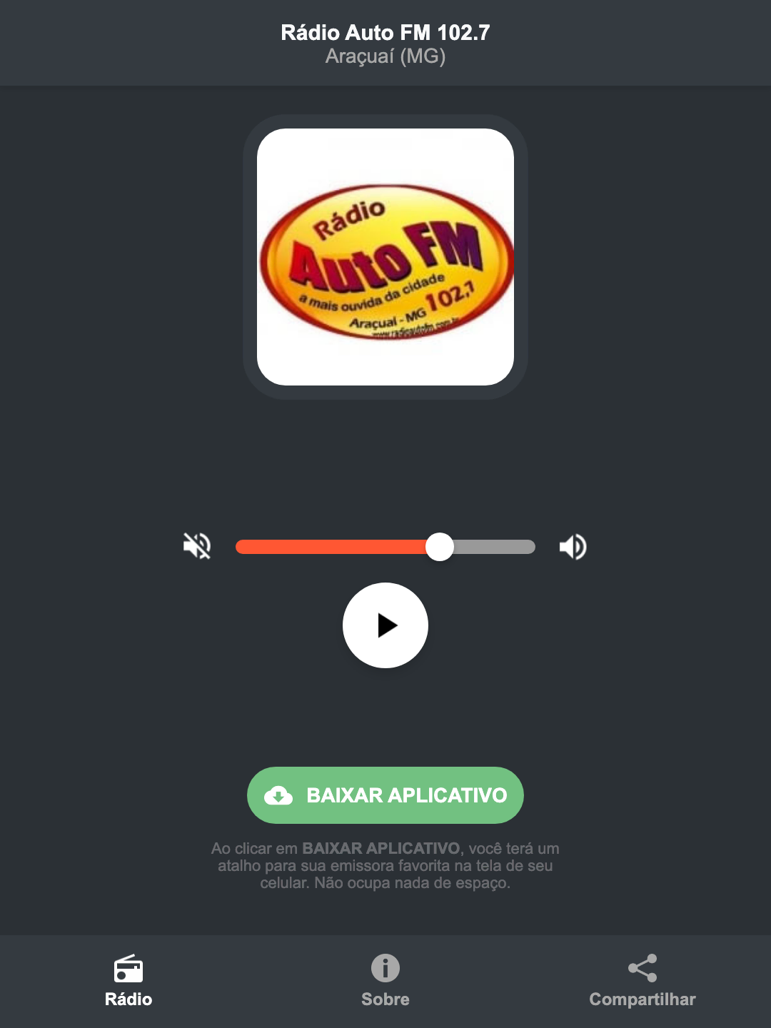 Screenshot do aplicativo da Rádio Auto FM 102.7