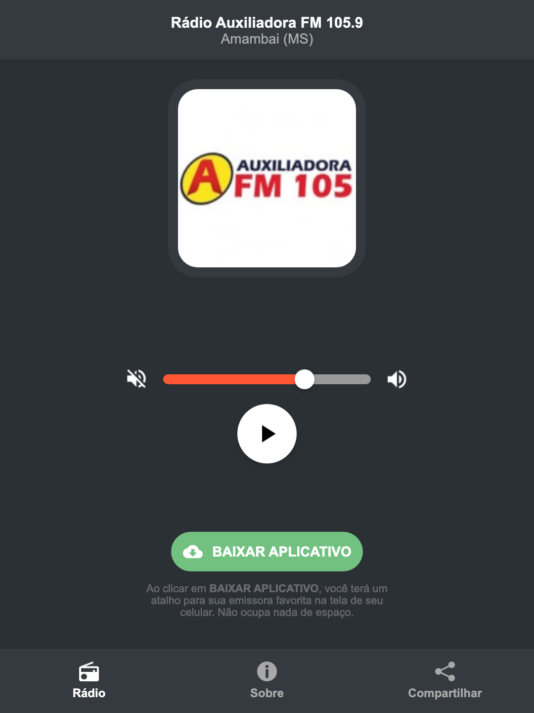 Screenshot do aplicativo da Rádio Auxiliadora FM 105.9
