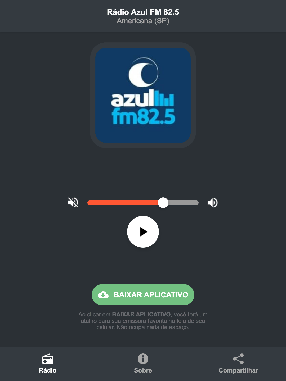 Screenshot do aplicativo da Rádio Azul FM 82.5