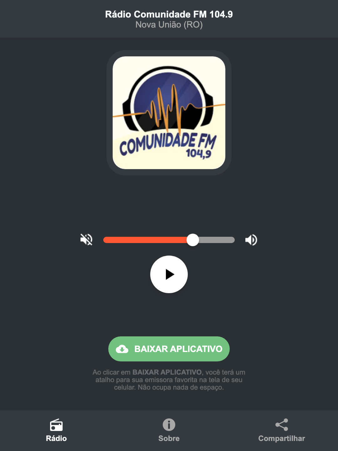 Screenshot do aplicativo da Rádio Comunidade FM 104.9