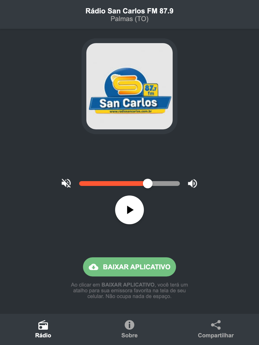Screenshot do aplicativo da Rádio San Carlos FM 87.9