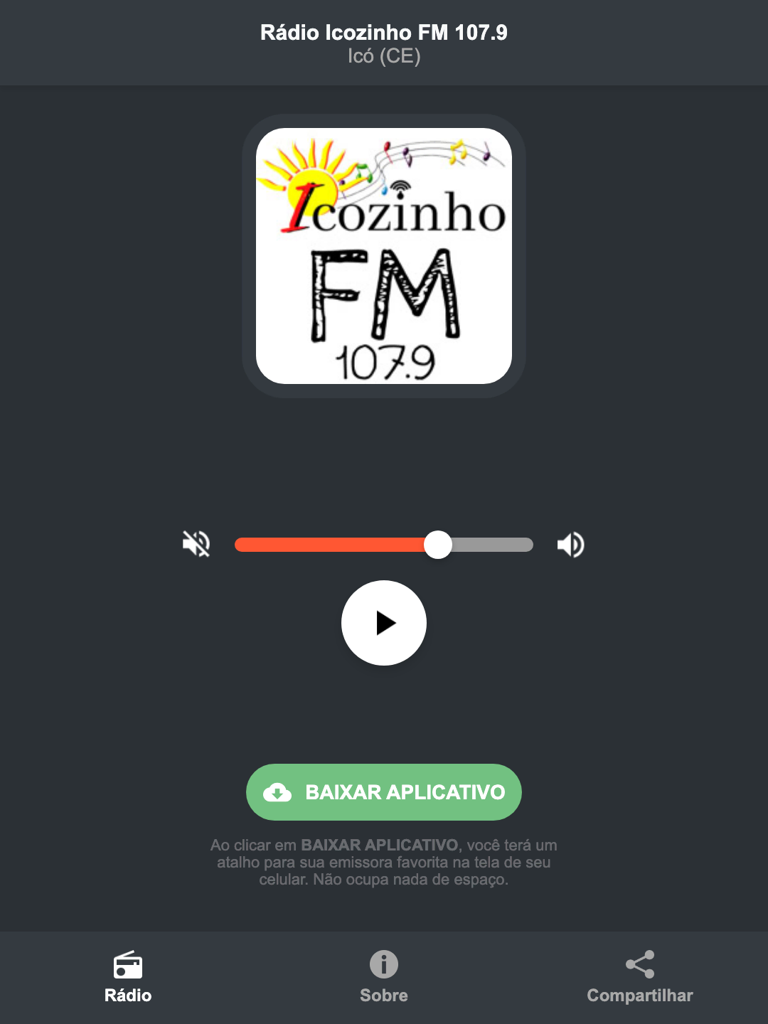 Screenshot do aplicativo da Rádio Icozinho FM 107.9