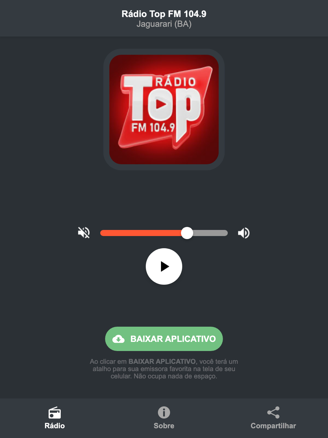 Screenshot do aplicativo da Rádio Top FM 104.9