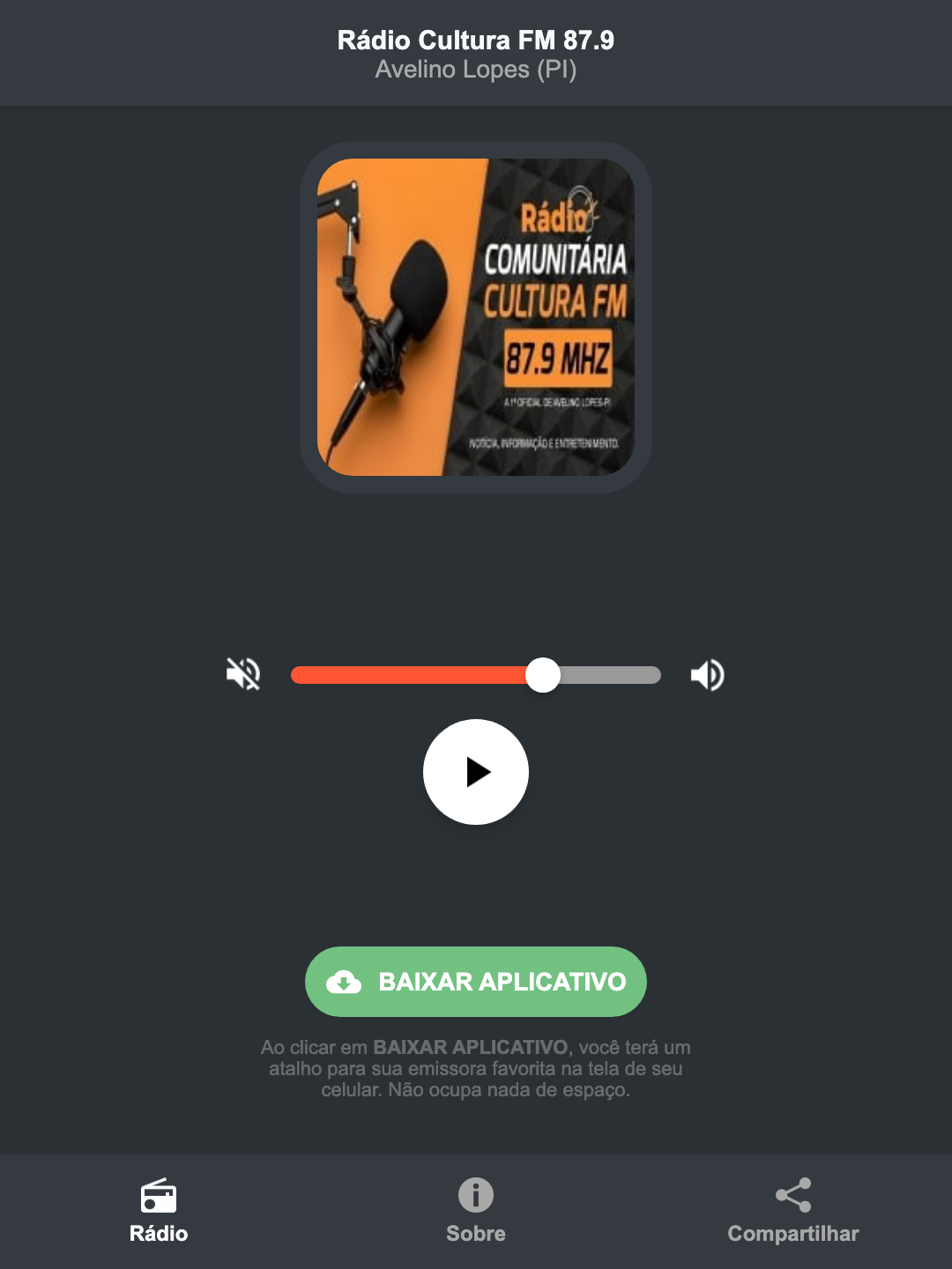 Screenshot do aplicativo da Rádio Cultura FM 87.9