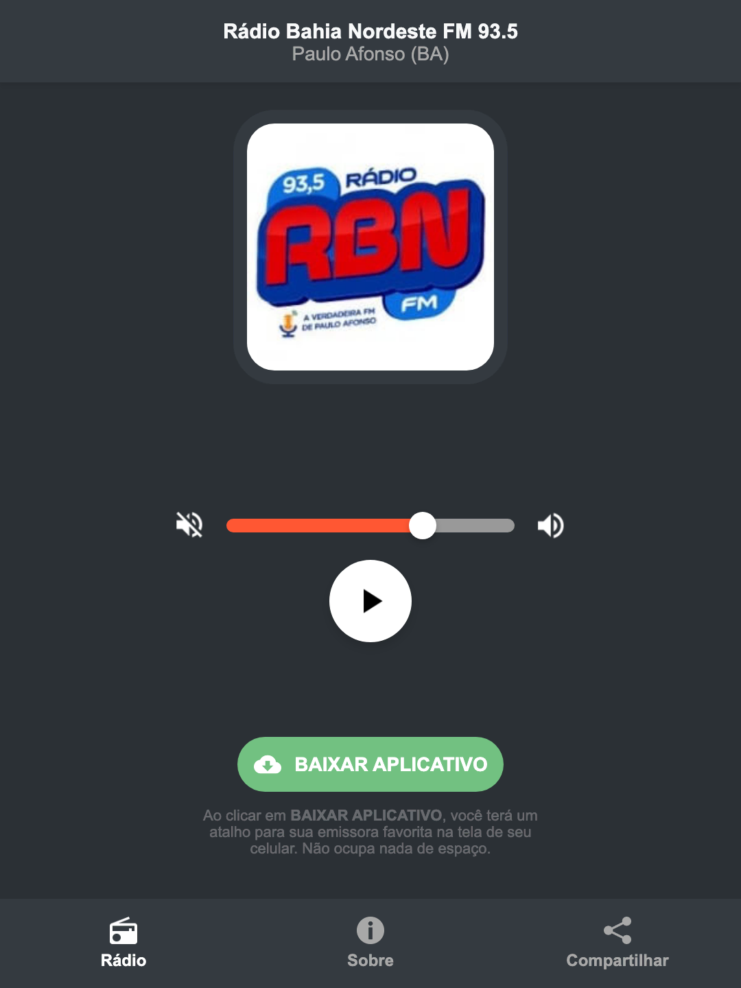 Screenshot do aplicativo da Rádio Bahia Nordeste FM 93.5