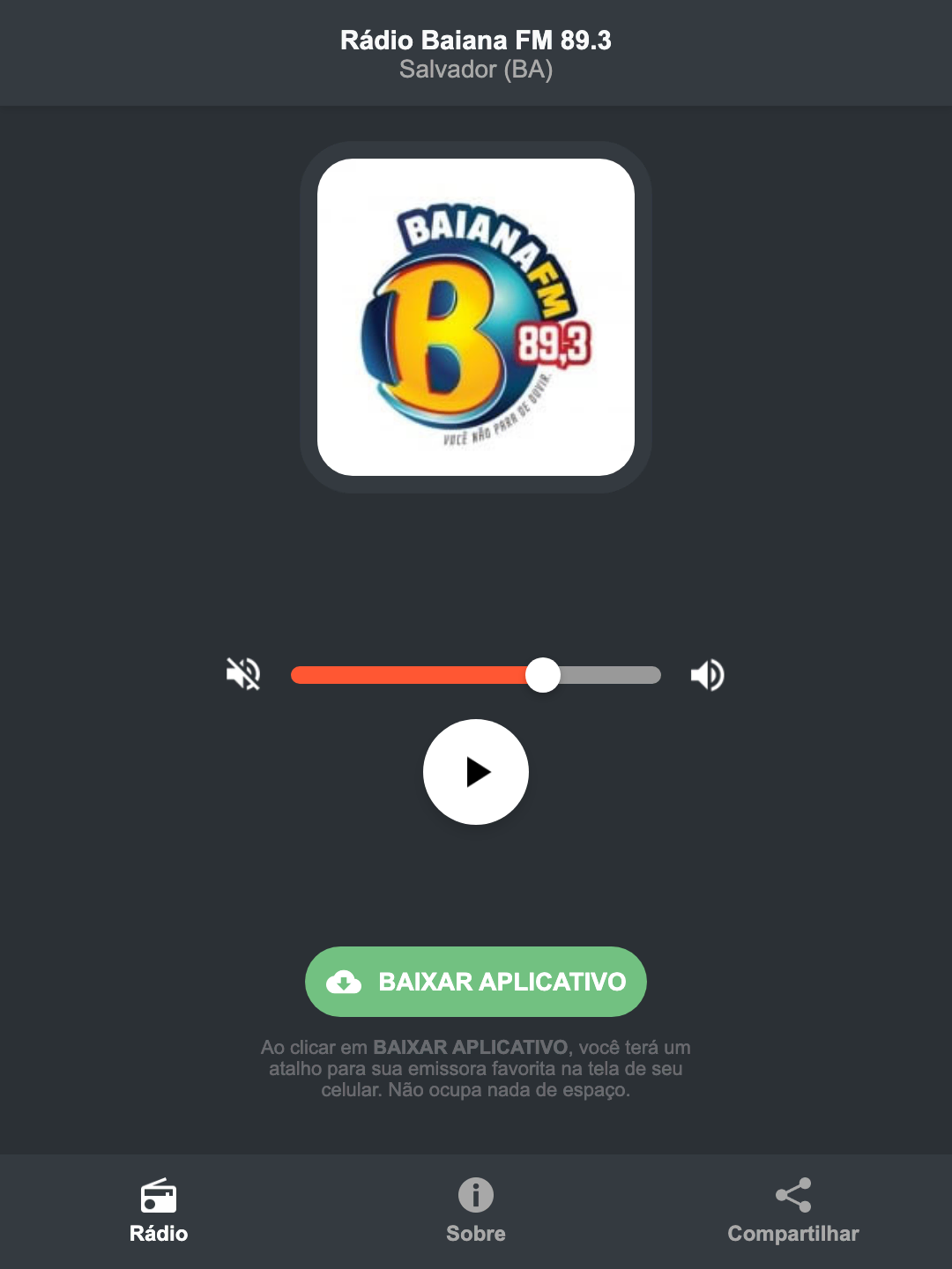 Screenshot do aplicativo da Rádio Baiana FM 89.3