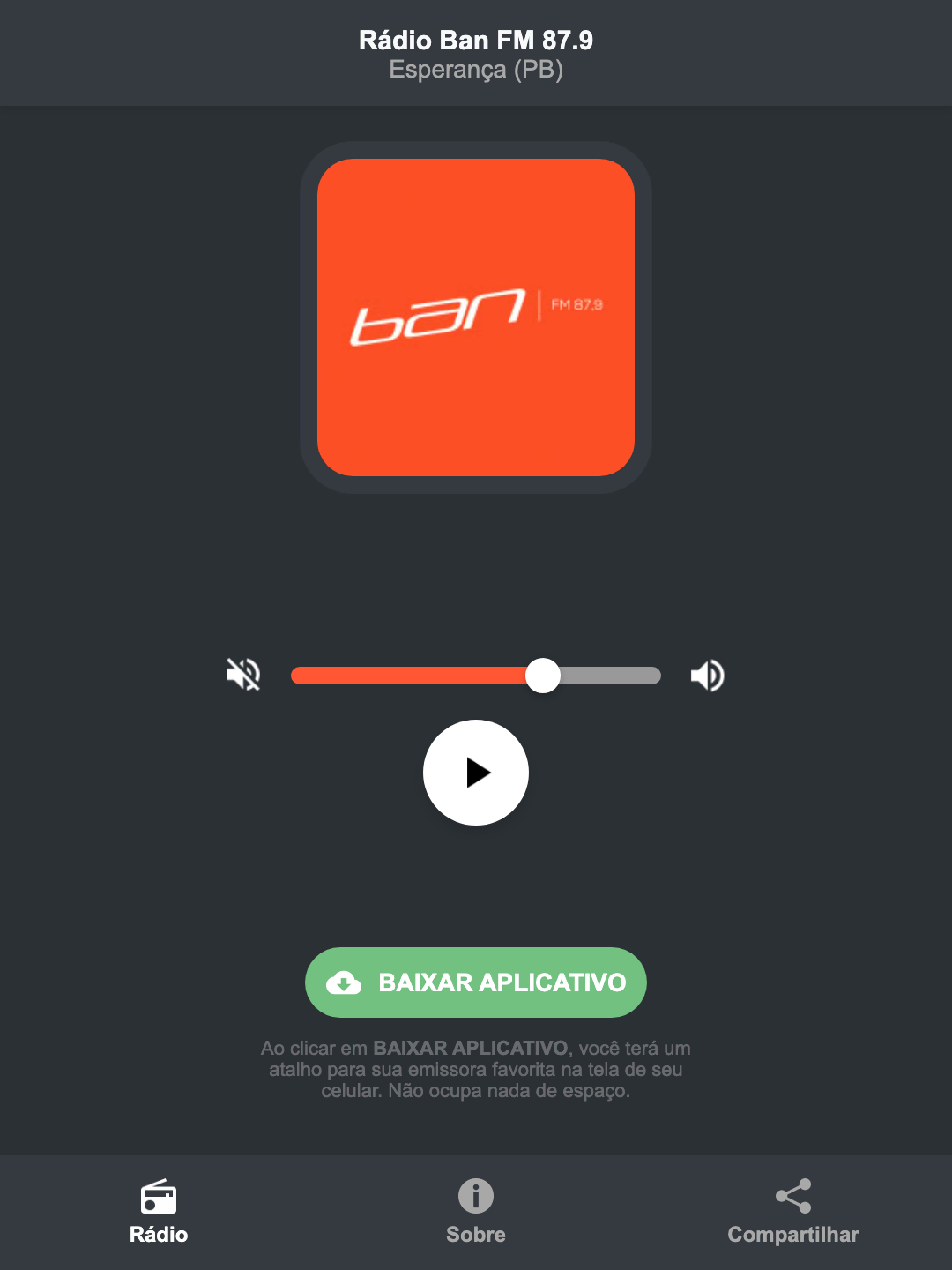 Screenshot do aplicativo da Rádio Ban FM 87.9