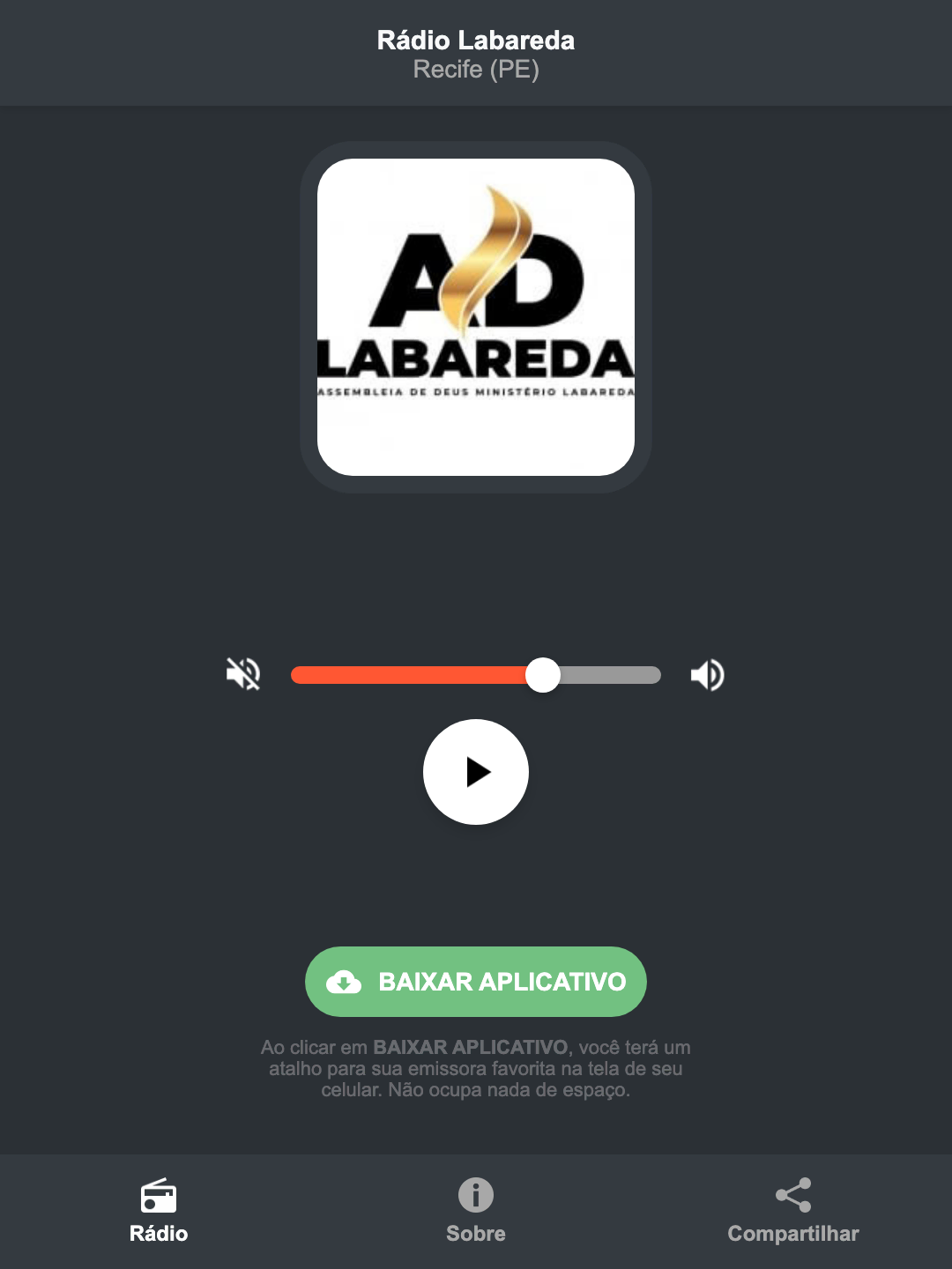Screenshot do aplicativo da Rádio Labareda