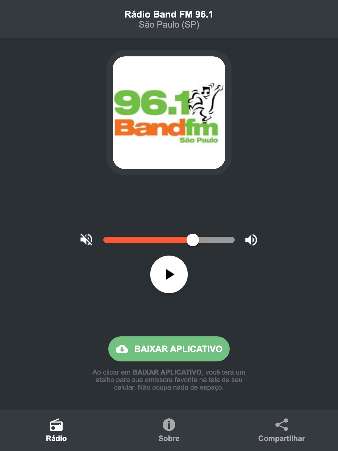 Screenshot do aplicativo da Rádio Band FM 96.1