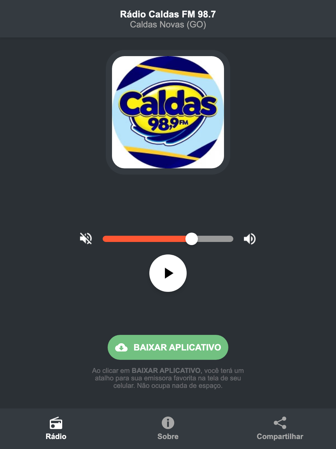 Screenshot do aplicativo da Rádio Caldas FM 98.7