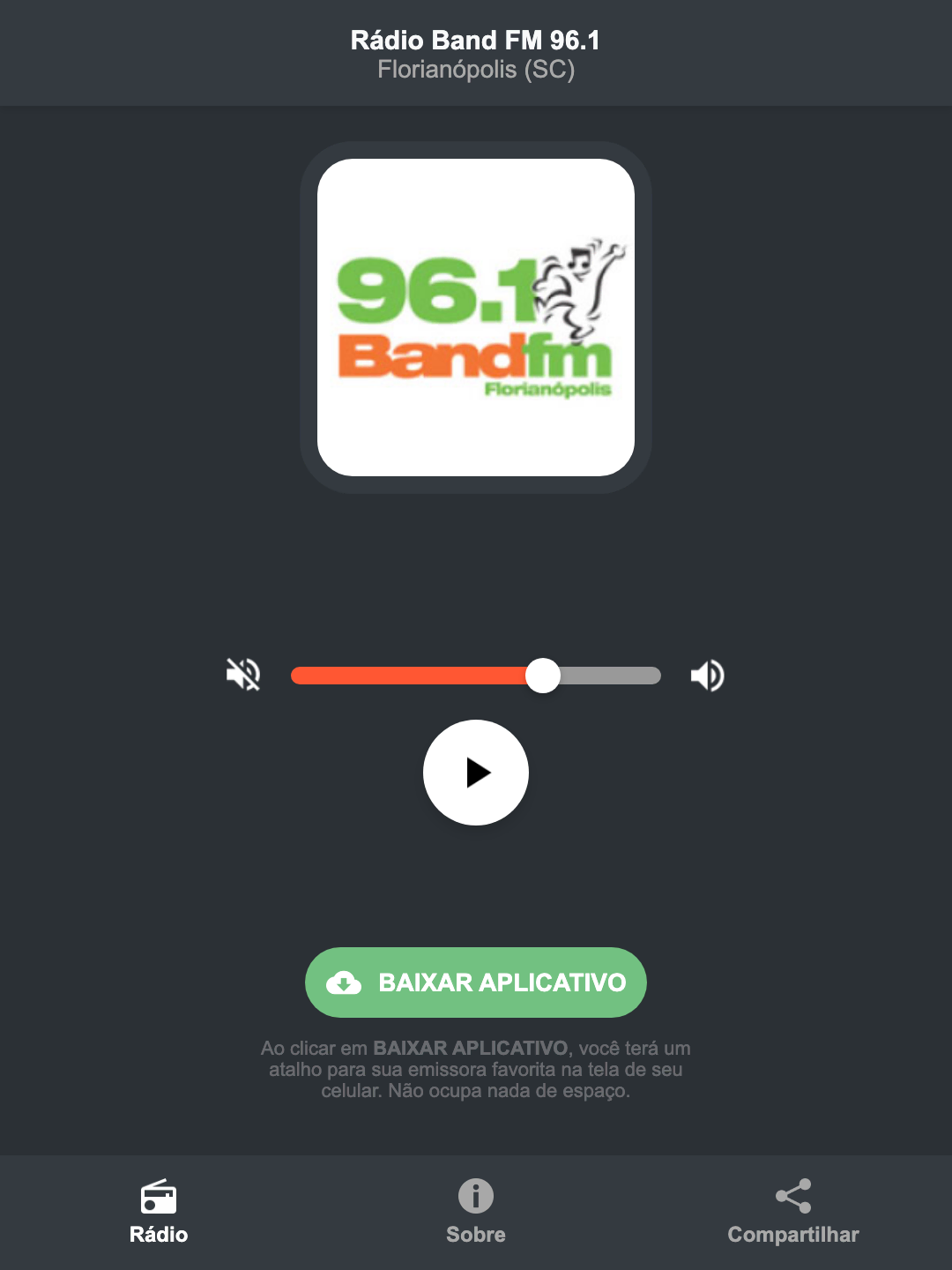 Screenshot do aplicativo da Rádio Band FM 96.1
