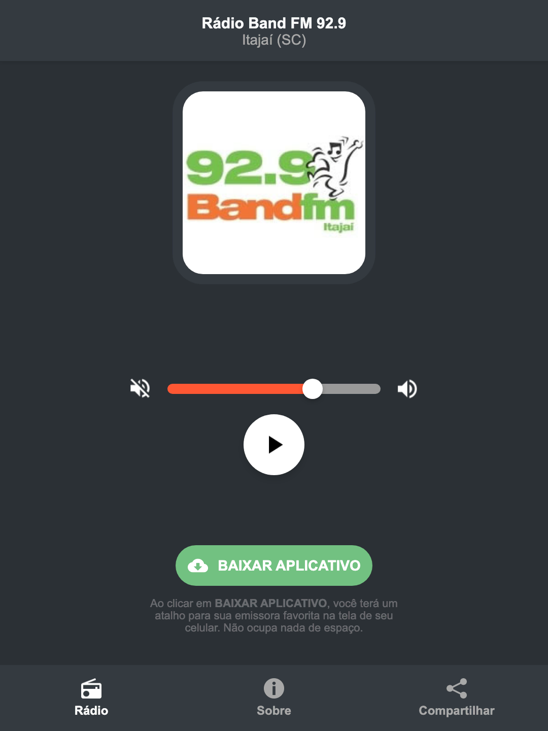 Screenshot do aplicativo da Rádio Band FM 92.9