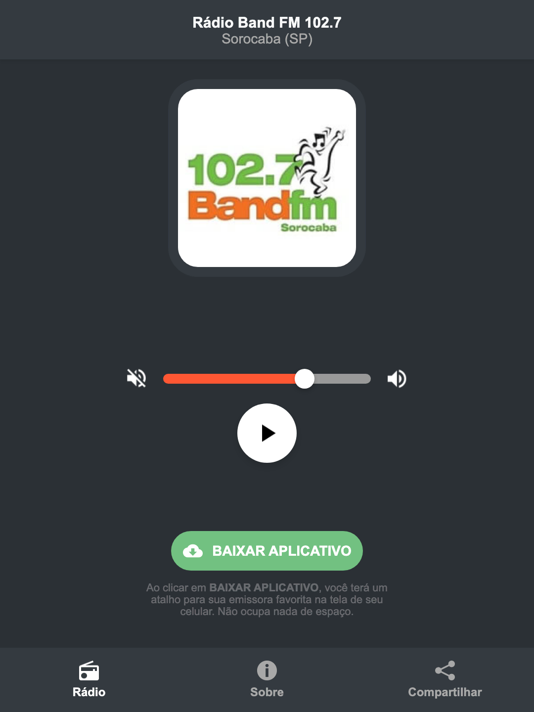 Screenshot do aplicativo da Rádio Band FM 102.7