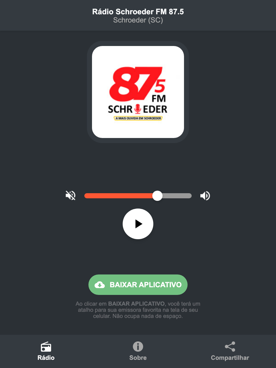 Screenshot do aplicativo da Rádio Schroeder FM 87.5