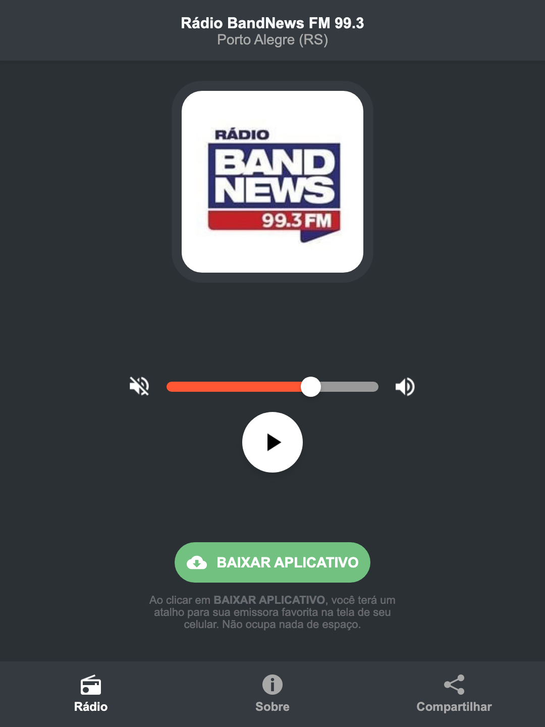Screenshot do aplicativo da Rádio BandNews FM 99.3