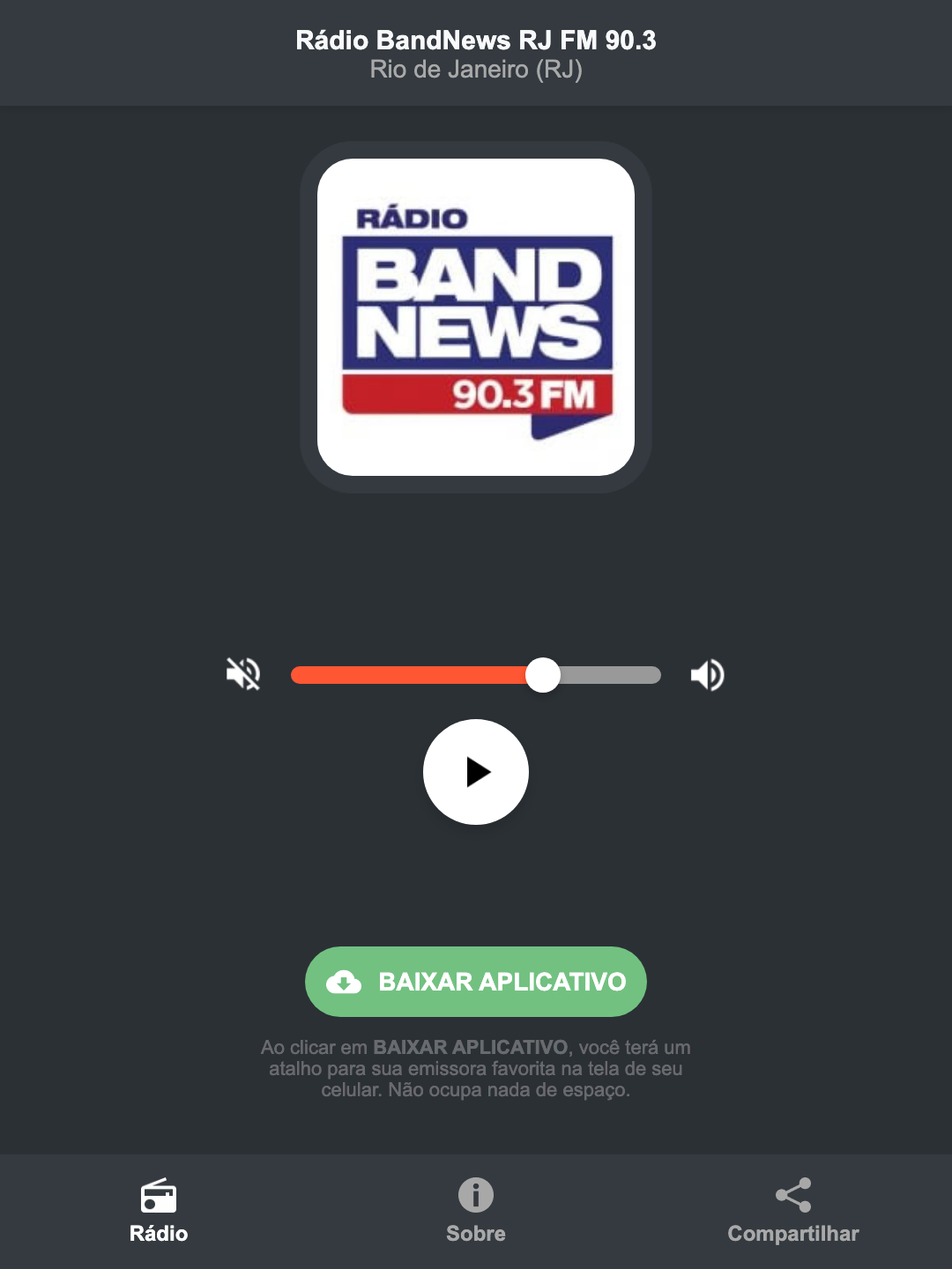 Screenshot do aplicativo da Rádio BandNews RJ FM 90.3