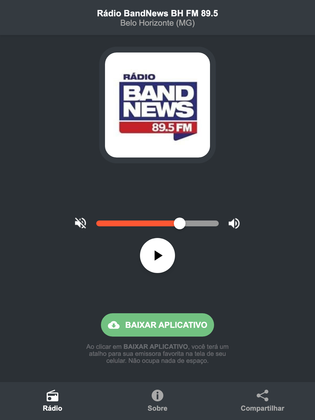 Screenshot do aplicativo da Rádio BandNews BH FM 89.5