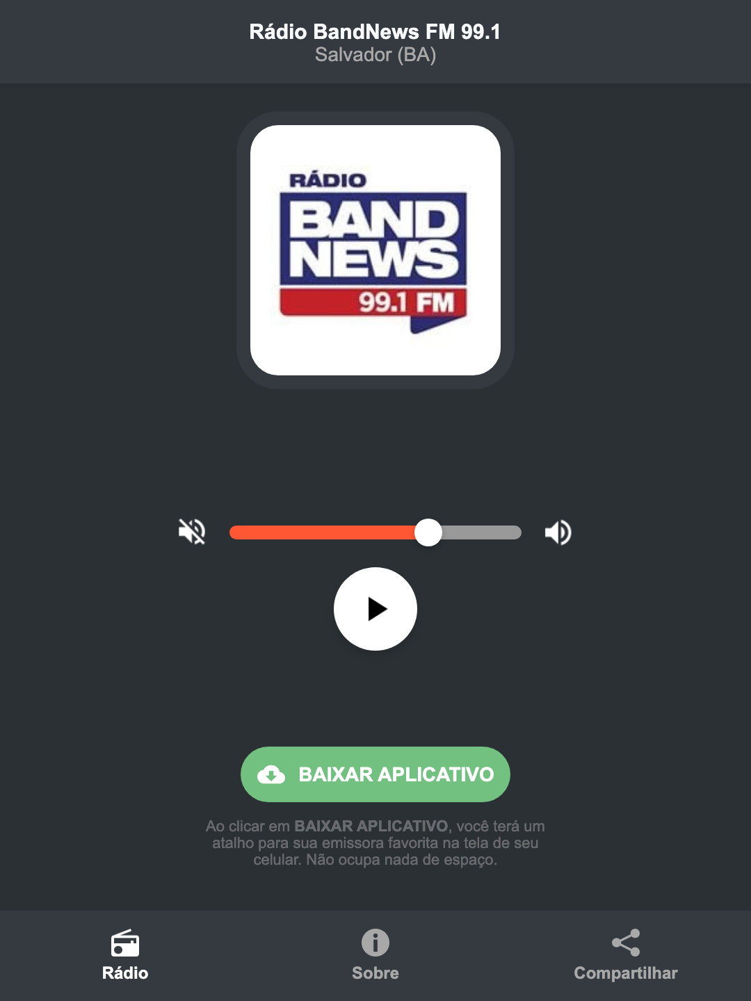 Screenshot do aplicativo da Rádio BandNews FM 99.1