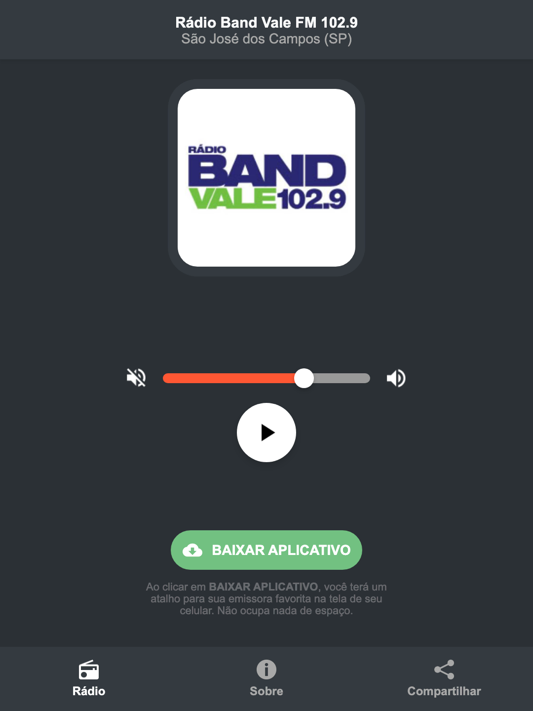 Screenshot do aplicativo da Rádio Band Vale FM 102.9