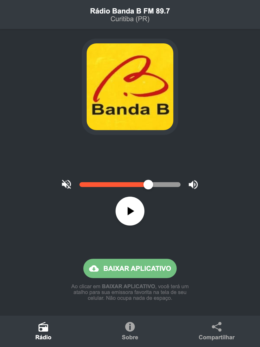 Screenshot do aplicativo da Rádio Banda B FM 89.7
